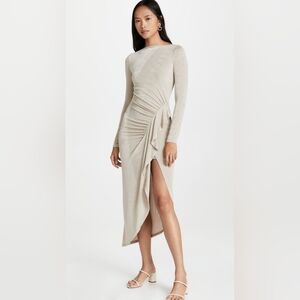Significant Other Vanessa Ruched Slit Beige Champagne Slinky Midi Dress Size 10